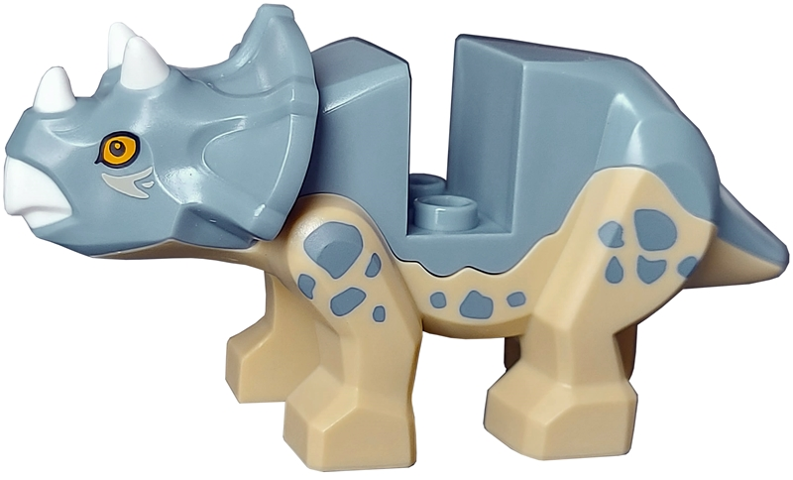 Dinosaur Triceratops Baby with Fixed Sand Blue Top with Molded White Horns and Beak and Printed Bright Light Orange Eyes and Sand Blue Spots Pattern