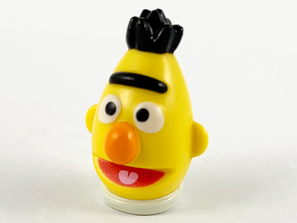 Minifigure, Head, Modified Sesame Street Bert with Black Hair, Orange Nose and Red Mouth Pattern