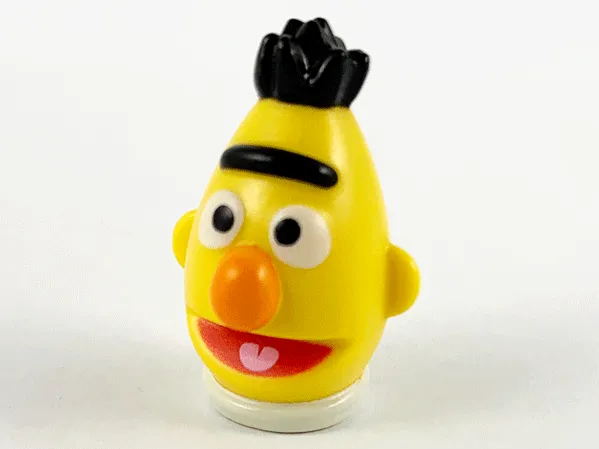 Minifigure, Head, Modified Sesame Street Bert with Black Hair, Orange Nose and Red Mouth Pattern