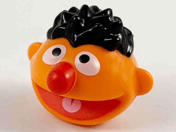 Minifigure, Head, Modified Sesame Street Ernie with Black Hair, Red Nose and Mouth Pattern