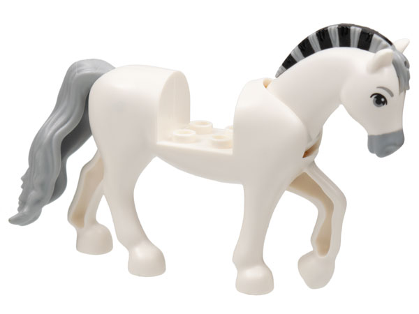 Horse, Friends Style with 2 x 2 Cutout and Movable Neck with Fixed Flexible Rubber Light Bluish Gray Tail and Roached Mane with Light Bluish Gray Eyes, Eyebrows and Muzzle, Black Stripes on Mane Pattern