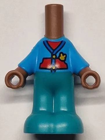 Micro Doll, Body with Molded Dark Azure Top and Dark Turquoise Pants and Printed Blue Jacket Hems over Red Top, Pockets and Bright Light Orange Buttons and Rabbit Pattern