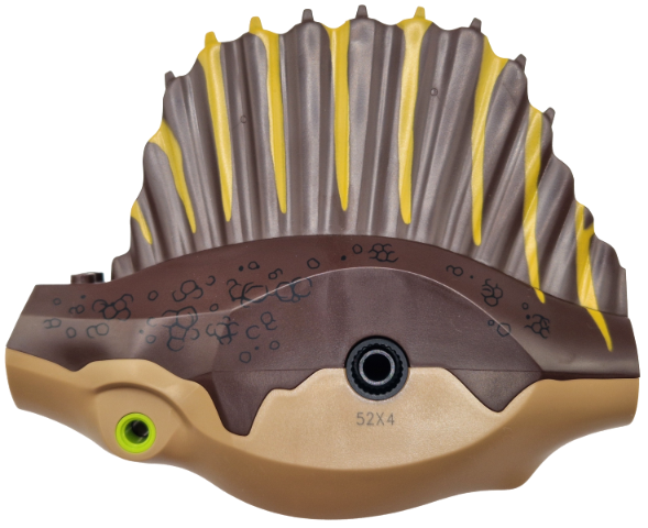 Dinosaur Body Spinosaurus with Dark Brown Top with Sail Fin with Black Scales and Bright Light Orange Stripes Pattern