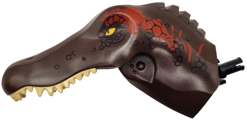 Dinosaur Head Spinosaurus with Black Rotation Joint Pin with Tan Teeth, Black Scales, Bright Light Orange Eyes and Dark Red Markings Pattern