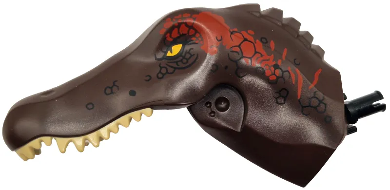 Dinosaur Head Spinosaurus with Black Rotation Joint Pin with Tan Teeth, Black Scales, Bright Light Orange Eyes and Dark Red Markings Pattern