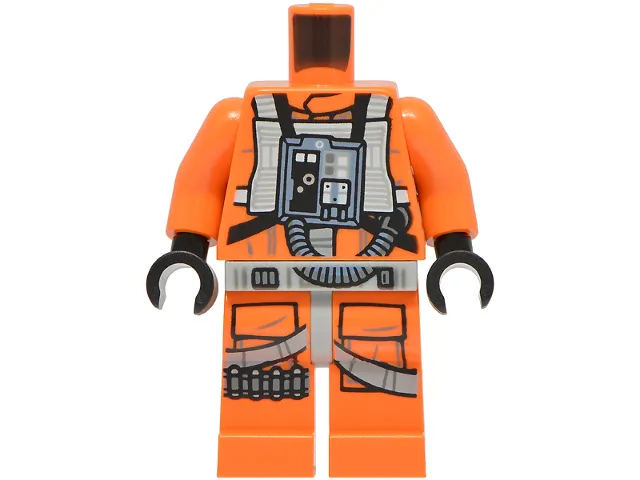 Body SMART Minifigure, Torso with Light Bluish Gray Hips and Orange Legs with SW Rebel Pilot with Sand Blue Front Panel with Hose, Black Belts and Pockets Pattern / Orange Arms / Black Hands