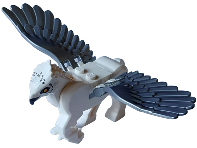 Hippogriff with Flat Silver Wings with Dark Bluish Gray Beak and Eye Patches, Silver Feathers and Bright Light Orange Eyes Pattern (HP Buckbeak) - Light Bluish Gray Plate 2 x 2