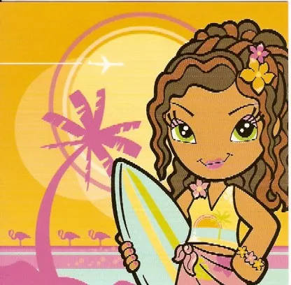 Clikits Frame Insert, Paper 10 x 10 with Daisy Character Holding Surfboard on Tropical Sunrise / Sunset Background Pattern