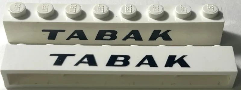 Brick 1 x 8 without Bottom Tubes with Cross Side Supports with Black 'TABAK' Italic Bold Pattern