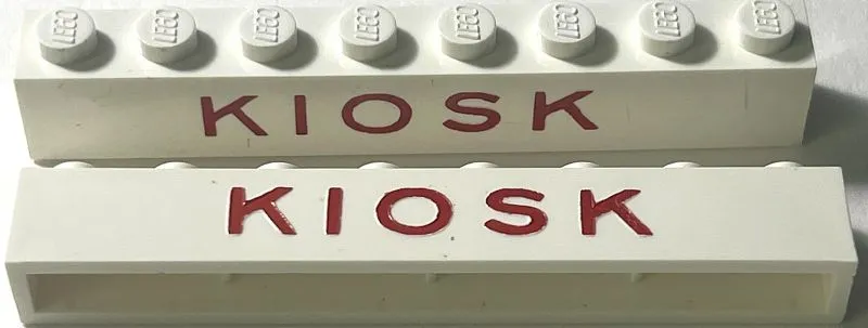 Brick 1 x 8 without Bottom Tubes with Cross Side Supports with Red 'KIOSK' Sans-Serif Thin (Letters Wide) Pattern