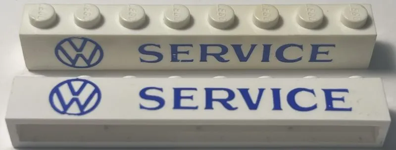 Brick 1 x 8 without Bottom Tubes with Cross Side Supports with Blue Volkswagen Logo 'VW SERVICE' Serif Small Pattern