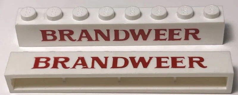 Brick 1 x 8 without Bottom Tubes with Cross Side Supports with Red 'BRANDWEER' Serif Bold Pattern