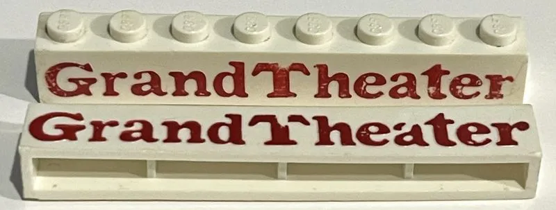 Brick 1 x 8 without Bottom Tubes with Cross Side Supports with Red 'Grand Theater' Serif Bold Pattern