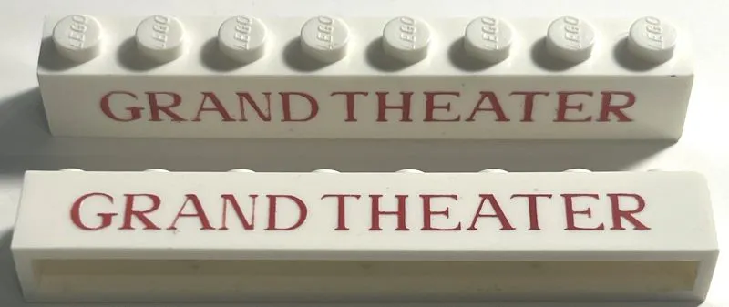 Brick 1 x 8 without Bottom Tubes with Cross Side Supports with Red 'GRAND THEATER' Serif Thin Pattern