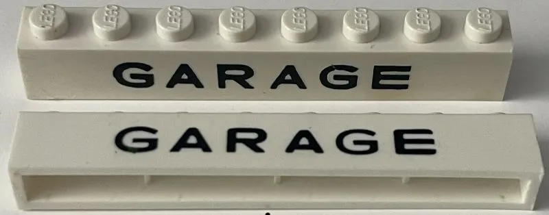 Brick 1 x 8 without Bottom Tubes with Cross Side Supports with Black 'GARAGE' Sans-Serif Thin Small Pattern