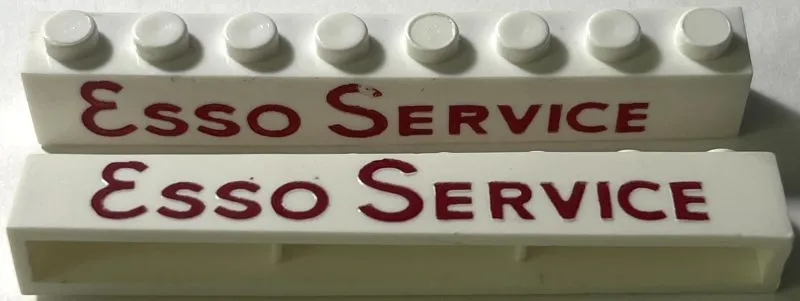 Brick 1 x 8 without Bottom Tubes with Cross Side Supports with Red 'Esso Service' Long with Round 'O' Pattern