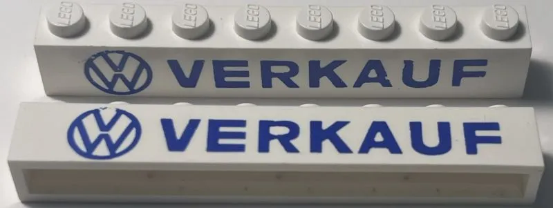 Brick 1 x 8 without Bottom Tubes with Cross Side Supports with Blue Volkswagen Logo 'VW VERKAUF' Sans-Serif Pattern