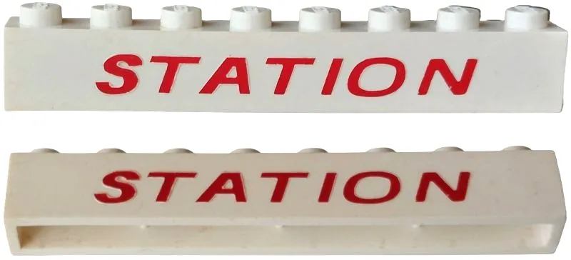 Brick 1 x 8 without Bottom Tubes with Cross Side Supports with Red 'STATION' Italic Thin with Squared 'O' (Letters Wide) Pattern