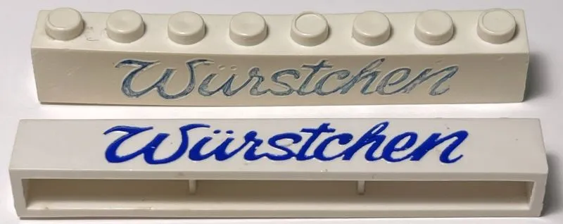 Brick 1 x 8 without Bottom Tubes with Cross Side Supports with Blue 'Würstchen' Script Pattern ('Wurstchen')