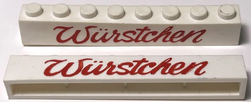 Brick 1 x 8 without Bottom Tubes with Cross Side Supports with Red 'Würstchen' Script Pattern ('Wurstchen')