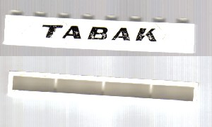 Brick 1 x 8 without Bottom Tubes with Cross Side Supports with Black 'TABAK' Sans-Serif Pattern