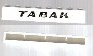 Brick 1 x 8 without Bottom Tubes with Cross Side Supports with Black 'TABAK' Sans-Serif Pattern