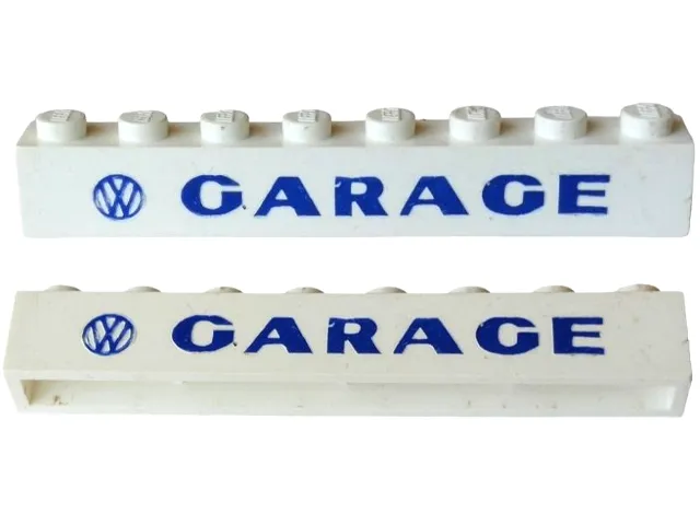 Brick 1 x 8 without Bottom Tubes with Cross Side Supports with Blue Volkswagen Logo 'VW GARAGE' Sans-Serif Bold Pattern, Plain 'G'