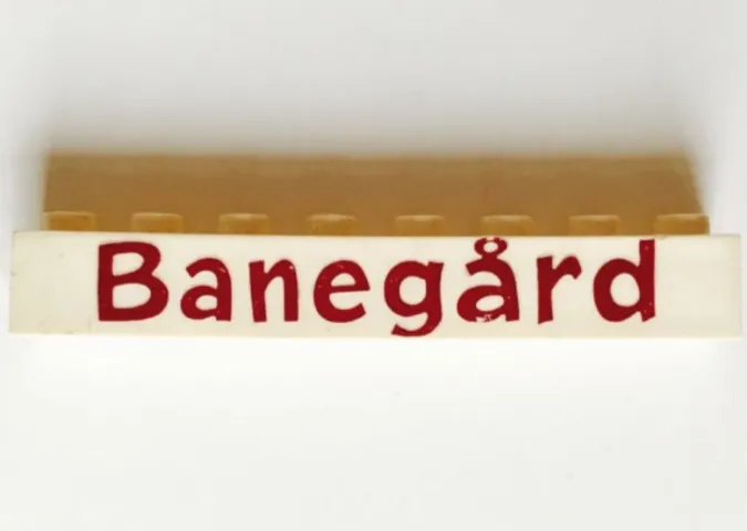 Brick 1 x 8 without Bottom Tubes with Cross Side Supports with Red 'Banegård' Pattern ('Banegard')