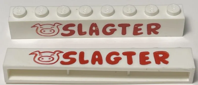 Brick 1 x 8 without Bottom Tubes with Cross Side Supports with Red 'SLAGTER' Rounded and Pig Head Large Pattern