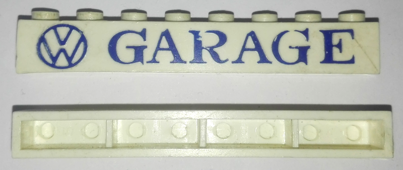 Brick 1 x 8 without Bottom Tubes with Cross Side Supports with Blue 'VW GARAGE' Large Pattern