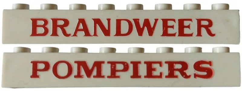 Brick 1 x 8 without Bottom Tubes with Cross Side Supports Dual Sided with Red 'BRANDWEER' / 'POMPIERS' Serif Bold Pattern