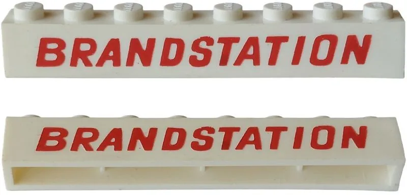 Brick 1 x 8 without Bottom Tubes with Cross Side Supports with Red 'BRANDSTATION' Italic Pattern