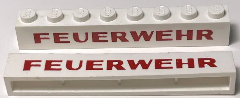 Brick 1 x 8 without Bottom Tubes with Cross Side Supports with Red 'FEUERWEHR' Sans-Serif Bold Pattern