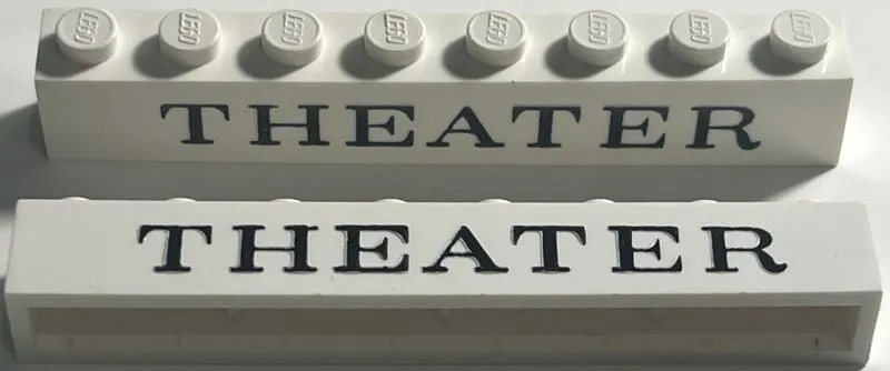 Brick 1 x 8 without Bottom Tubes with Cross Side Supports with Black 'THEATER' Serif Thin Pattern