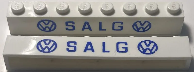 Brick 1 x 8 without Bottom Tubes with Cross Side Supports with 2 Blue Volkswagen Logos 'VW SALG VW' Narrow Pattern