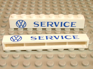 Brick 1 x 8 without Bottom Tubes with Cross Side Supports with Blue 'VW SERVICE' Pattern