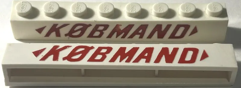 Brick 1 x 8 without Bottom Tubes with Cross Side Supports with Red 'KØBMAND' and 2 Arrows Pattern (KOBMAND)