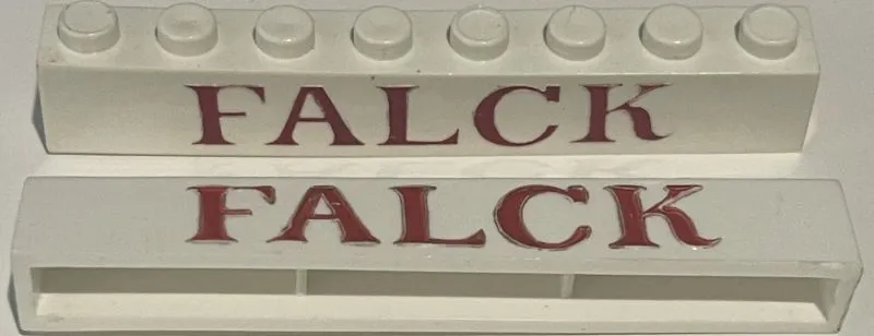 Brick 1 x 8 without Bottom Tubes with Cross Side Supports with Red 'FALCK' Serif Pattern