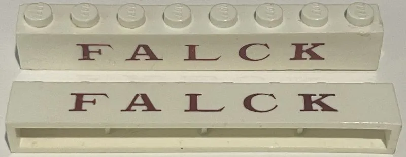 Brick 1 x 8 without Bottom Tubes with Cross Side Supports with Red 'FALCK' Serif Thin Pattern