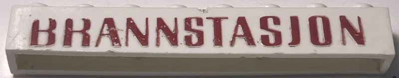 Brick 1 x 8 without Bottom Tubes with Cross Side Supports with Red 'BRANNSTASJON' Pattern