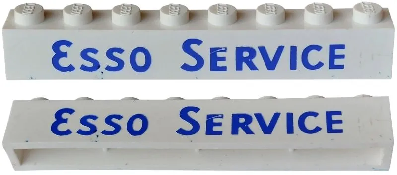Brick 1 x 8 without Bottom Tubes with Cross Side Supports with Blue 'ESSO SERVICE' Long Bold with Oval 'O' Pattern