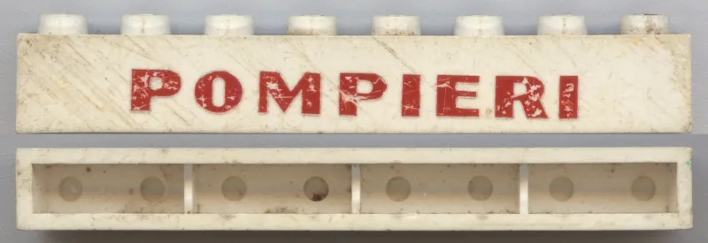 Brick 1 x 8 without Bottom Tubes with Cross Side Supports with Red 'POMPIERI' Sans-Serif Bold Pattern