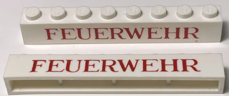 Brick 1 x 8 without Bottom Tubes with Cross Side Supports with Red 'FEUERWEHR' Serif Thin Pattern