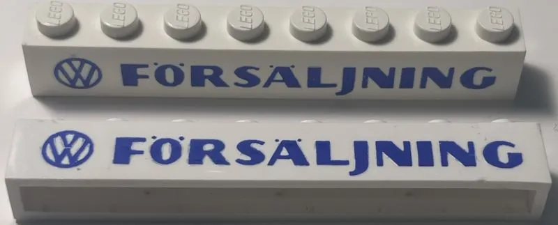 Brick 1 x 8 without Bottom Tubes with Cross Side Supports with Blue Volkswagen Logo 'VW FÖRSÄLJNING' Sans-Serif Bold Pattern {FORSALJNING}