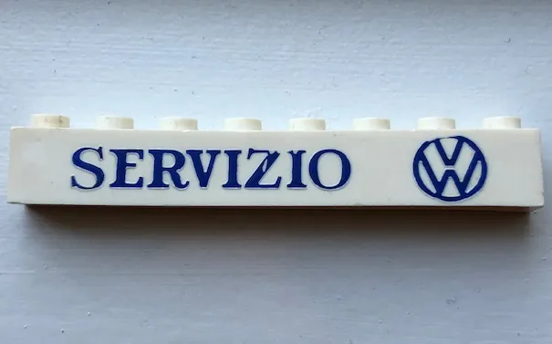 Brick 1 x 8 without Bottom Tubes with Cross Side Supports with Blue Volkswagen Logo 'SERVIZIO VW' Serif Pattern
