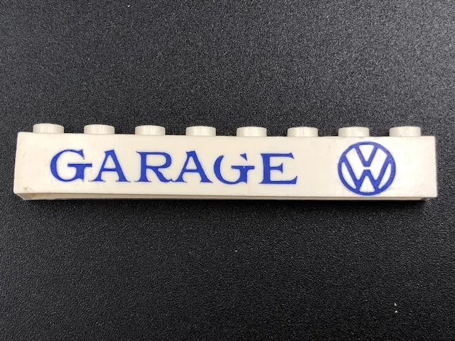 Brick 1 x 8 without Bottom Tubes with Cross Side Supports with Blue Volkswagen Logo 'GARAGE VW' Serif Small Pattern