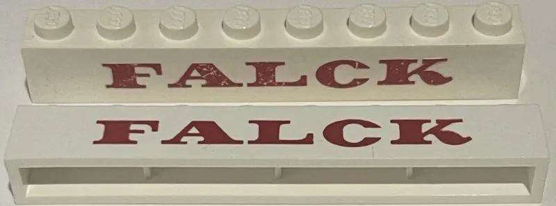 Brick 1 x 8 without Bottom Tubes with Cross Side Supports with Red 'FALCK' Serif Bold Pattern