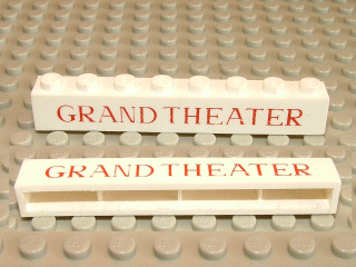 Brick 1 x 8 without Bottom Tubes with Cross Side Supports with Red 'GRAND THEATER' Thin Pattern