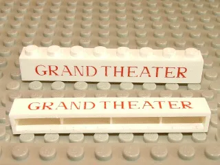 Brick 1 x 8 without Bottom Tubes with Cross Side Supports with Red 'GRAND THEATER' Thin Pattern