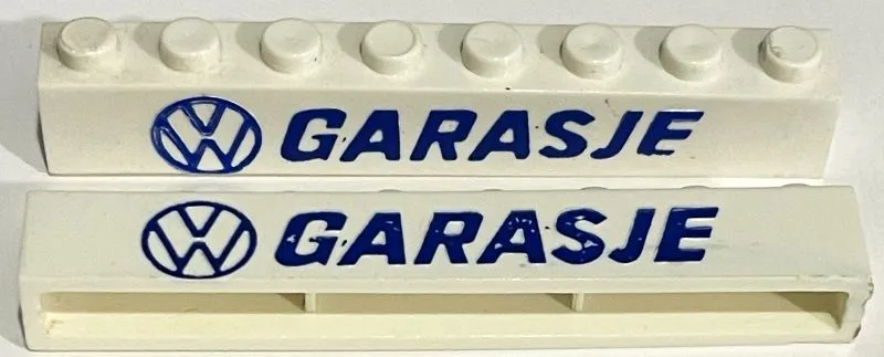 Brick 1 x 8 without Bottom Tubes with Cross Side Supports with Blue Volkswagen Logo 'VW GARASJE' Pattern